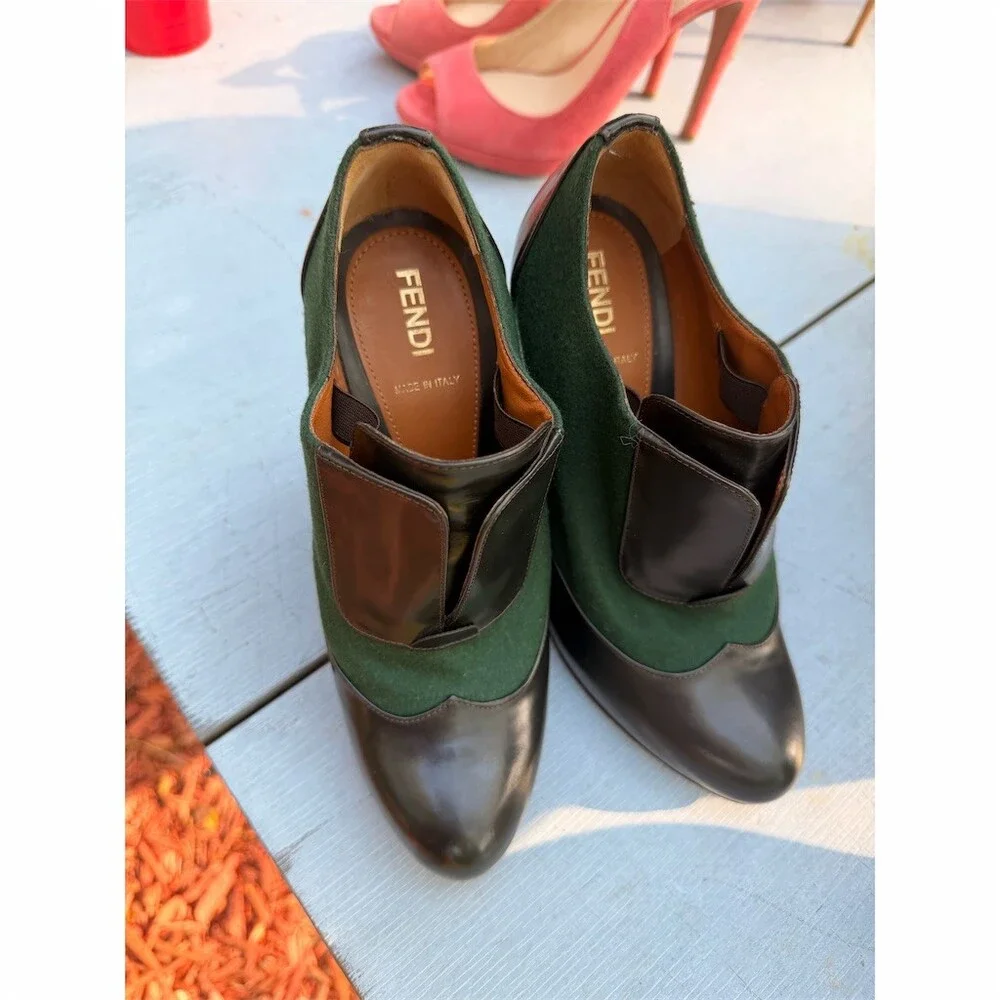 Fendi Platform Pump Heels Womens US 6.5 Green Brown Block Heel Round Toe - Picture 6 of 8